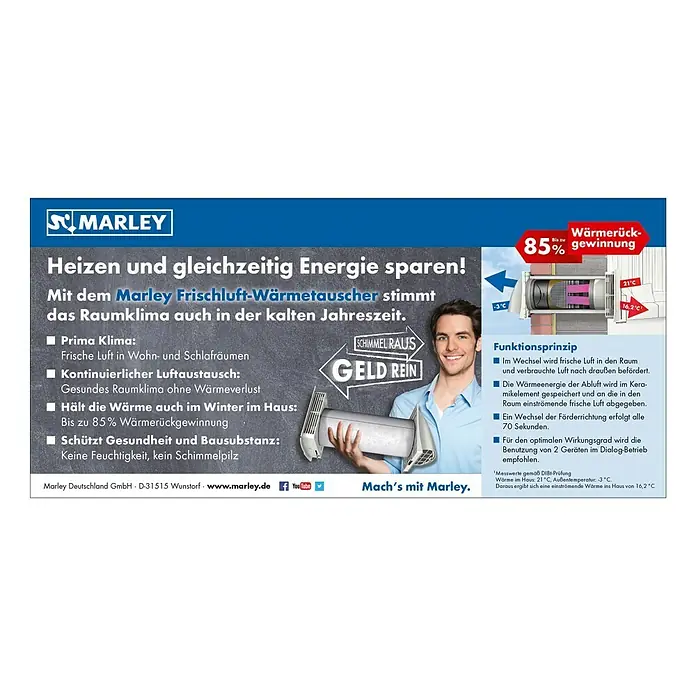 Marley Wärmetauscher MEnV 180 - Max. Luftleistung: 16/25/37 m³/h, Durchmesser Bohrung: 180 mm, Geeignet für: Außenwände 28 - 50 cm