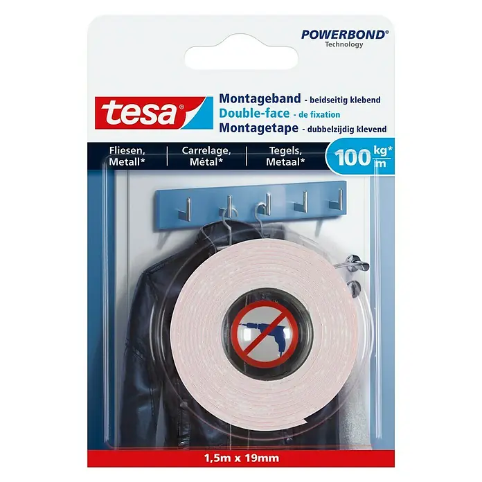 Tesa Montageband - Geeignet für: Fliesen, Belastbarkeit: 100 kg/m, 1,5 m x 19 mm - Vorderansicht