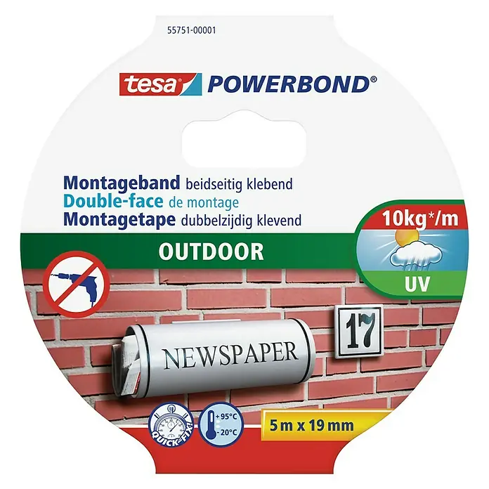 Tesa Powerbond Montageband Outdoor - L x B: 5 m x 19 mm, Wasserbeständig - Vorderansicht