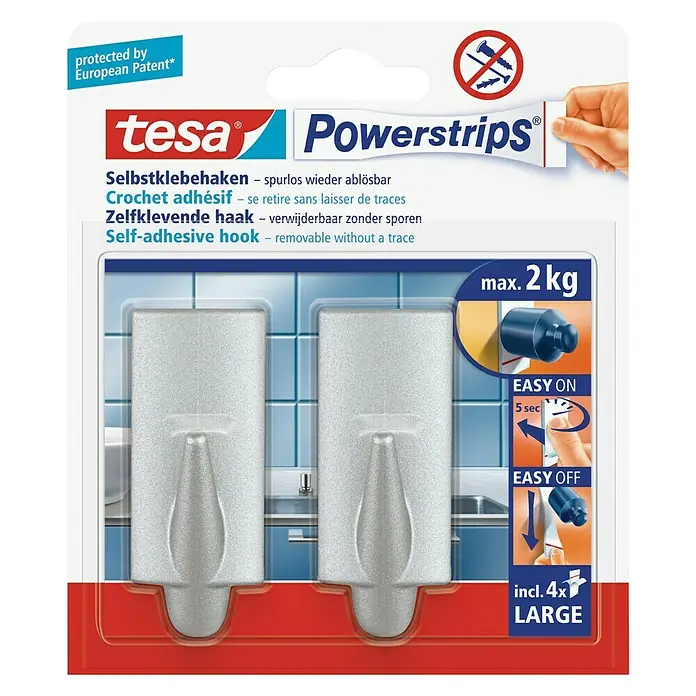 Tesa Powerstrips Zelfklevende haak - Rechthoekig, Grootte: L, Mat chroom, 2 st. - Vooraanzicht