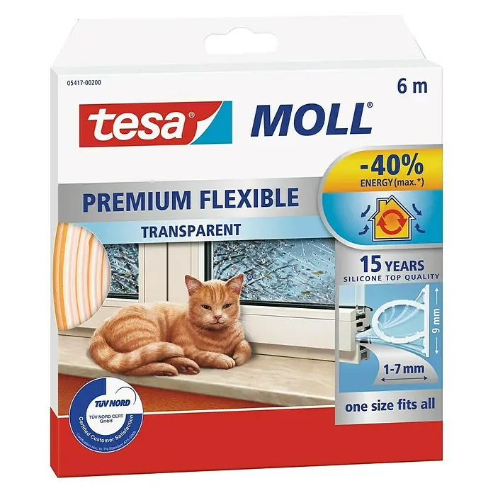 Tesa MOLL Silikondichtung Premium Flexible - Transparent, 6 m x 9 mm x 7 mm, Geeignet für: Spaltenbreiten 1 - 7 mm - Vorderansicht