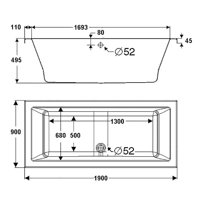 Ottofond Badewanne Atlas - 190 x 90 cm, Sanitäracryl, Weiß - Ansicht von oben