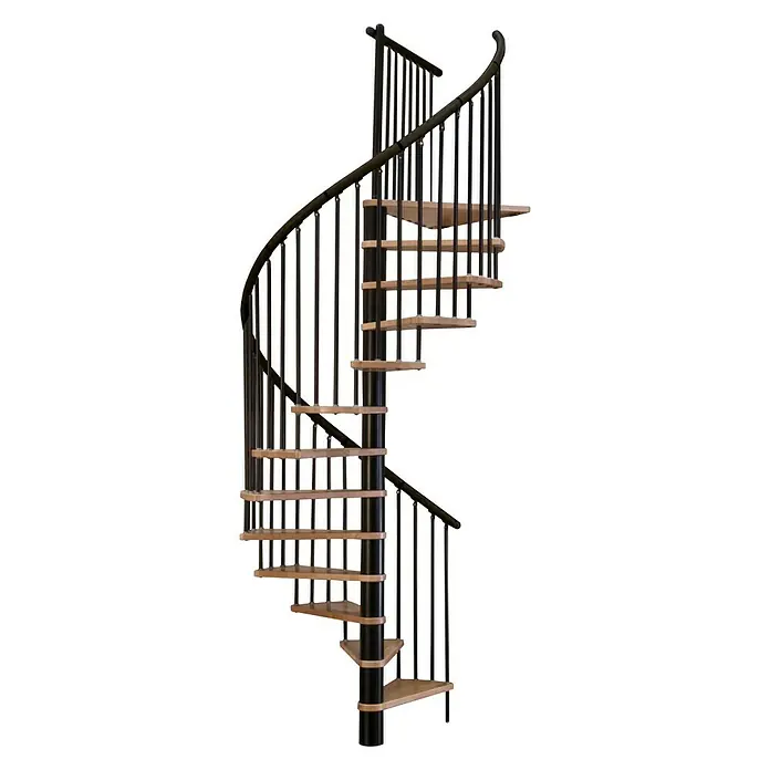 Minka Spindeltreppe Spiral Effect - Durchmesser: 160 cm, Schwarz, Farbe Stufen: Buche Hell, Geschosshöhe: 309 cm - Vorderansicht
