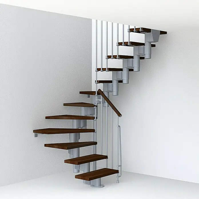 Fontanot Arké Mittelholmtreppe Kompact 74 - Breite: 74 cm, Grau Metallic, 2/4-gewendelt, Farbe Stufen: Buche Dunkel, Geschosshöhe: 191 cm - 303 cm - Vorderansicht