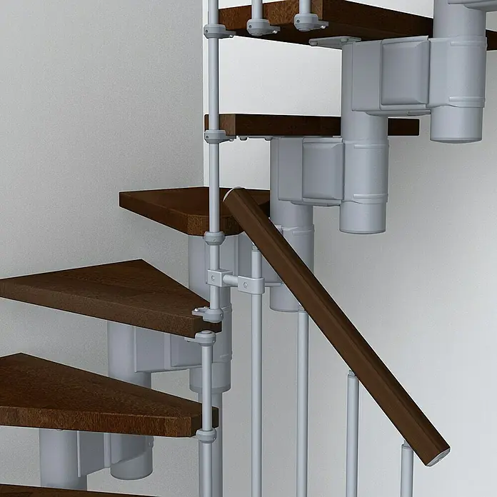 Fontanot Arké Mittelholmtreppe Kompact 74 - Breite: 74 cm, Grau Metallic, 2/4-gewendelt, Farbe Stufen: Buche Dunkel, Geschosshöhe: 191 cm - 303 cm - Detailaufnahme