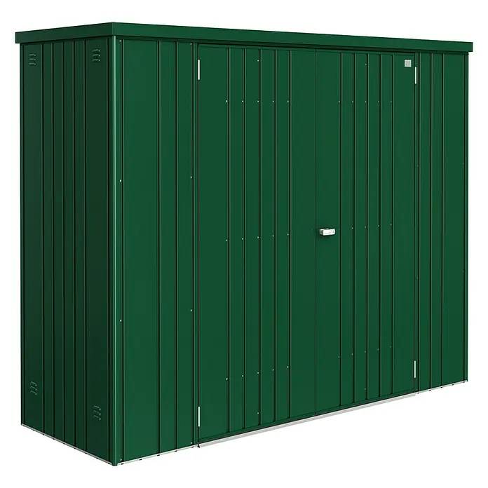 Biohort Geräteschrank 230 - Außenbreite inkl. Dachüberstand: 227 cm, Außentiefe inkl. Dachüberstand: 83 cm, Stahl, Dunkelgrün - Linke Seitenansicht