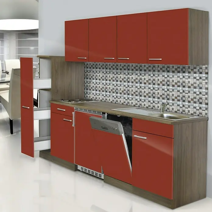 Respekta Küchenzeile KB225EYRC - Breite: 225 cm, Mit Glaskeramikkochfeld, Rot - Stimmungsaufnahme