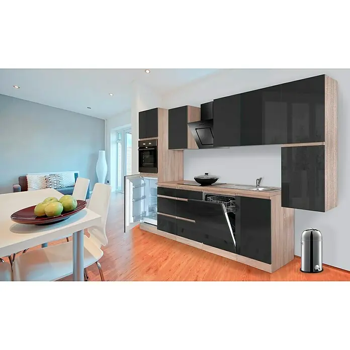 Respekta Premium Küchenzeile GLRP330HESS - Breite: 330 cm, Mit Elektrogeräten, Schwarz Hochglanz