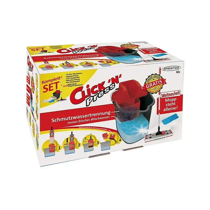 Sprintus Vloerwisserset Click N Press + stofmop - 12 l, Materiaal hoes: 80 % microvezel, 20 % zacht abrasief materiaal, 5 -delig - Zijaanzicht links