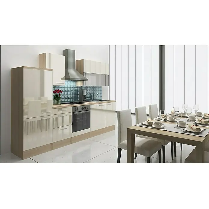 Respekta Küchenzeile Premium RP280AVAC - L x B x H: 280 x 60 x 200 cm, Akazie-Nachbildung, Vanille Hochglanz