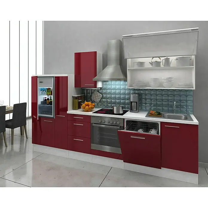 Respekta Küchenzeile Premium RP310WBOC - L x B x H: 310 x 60 x 200 cm, Weiß, Bordeaux Hochglanz