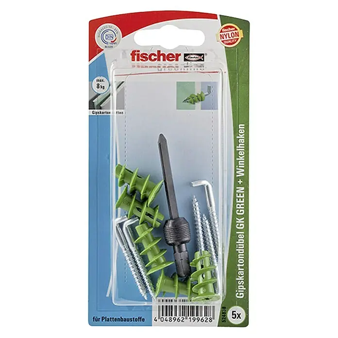 Fischer Greenline Gipskartondübel-Set WH GREEN - Länge Dübel: 22 mm, 5 Stk., Winkelhaken - Vorderansicht