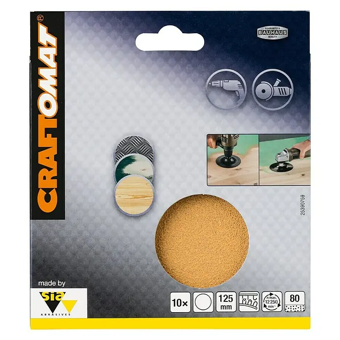 Craftomat Set listova za brušenje - Promjer: 125 mm, 10 Kom., Granulacija: 80 - Pogled sprijeda