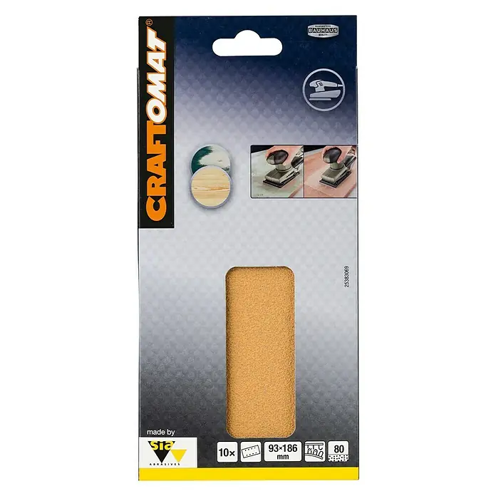 Craftomat Listovi za brusilicu - D x Š: 186 x 93 mm, Granulacija: 80, 10 Kom., Pričvršćivanje čičkom - Pogled sprijeda
