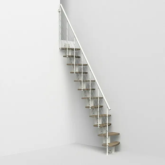 Fontanot Raumspartreppe Zen 2 Tube - Breite: 61 cm, Weiß, Anzahl Steigungen: 13 Stk., Farbe Stufen: Birke Ulme Hell, Geschosshöhe: 250 cm - 304 cm - Vorderansicht