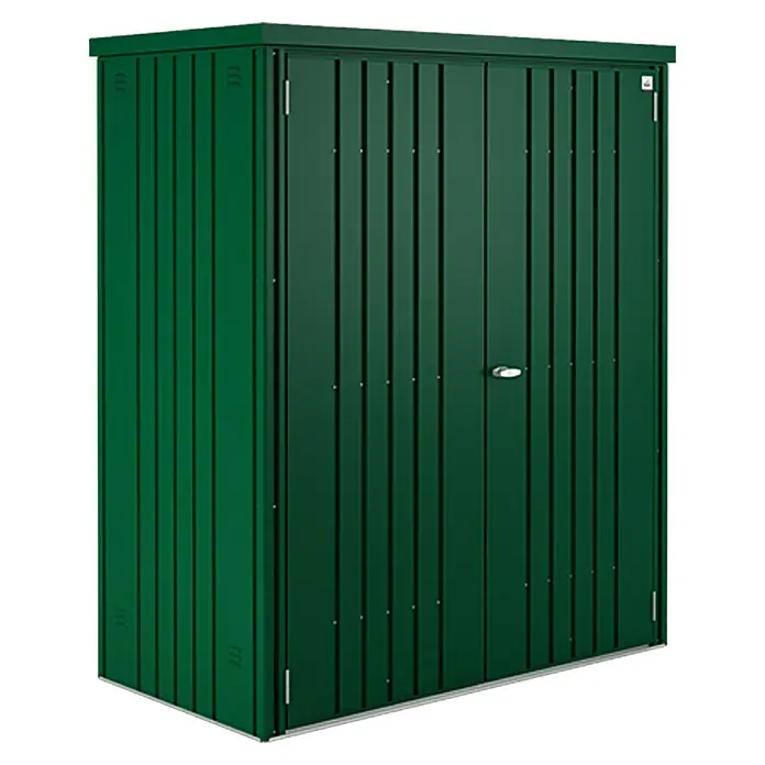 Biohort Armario de jardín - Ancho exterior incluido el voladizo del techo: 155 cm, Profundidad exterior incluido el voladizo del techo: 83 cm, Acero, Verde oscuro