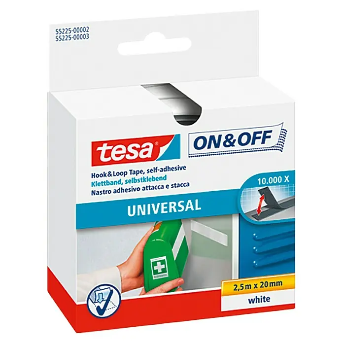 Tesa ON & OFF Klettband - Weiß, 2,5 m x 20 mm, Selbstklebend - Vorderansicht