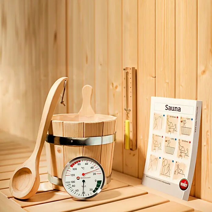Weka Massivholzsauna 539 GTF Gr.1 Set 1 - Mit 5,4 kW Saunaofen mit integrierter Steuerung, Inklusive umfangreichem Zubehörpaket, 139 x 189 x 203,5 cm