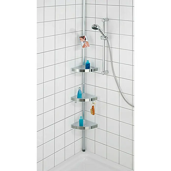 Wenko Teleskopski kutni stalak za kupaonsku galanteriju Premium - Podešavanje po visini: 70 cm - 260 cm, 3-katno, Plemeniti čelik