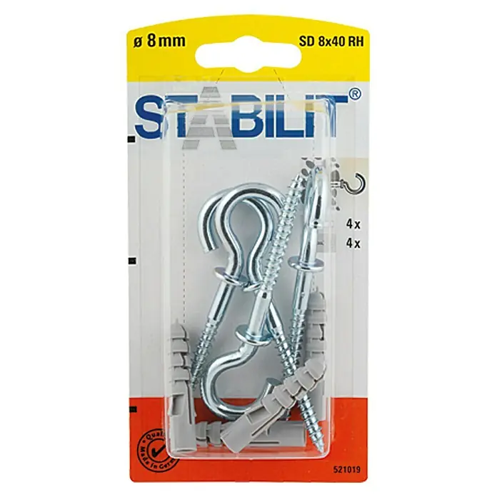 Stabilit Turrus Set tipla s vijkom - Promjer tiple: 8 mm, Duljina tiple: 40 mm, 4 kom, S kukom - Pogled sprijeda