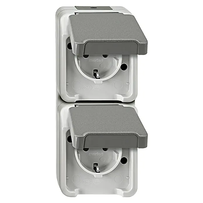 Merten Aquastar Steckdose - 2-fach, Senkrecht, Grau, Aufputz, IP44 - Vorderansicht
