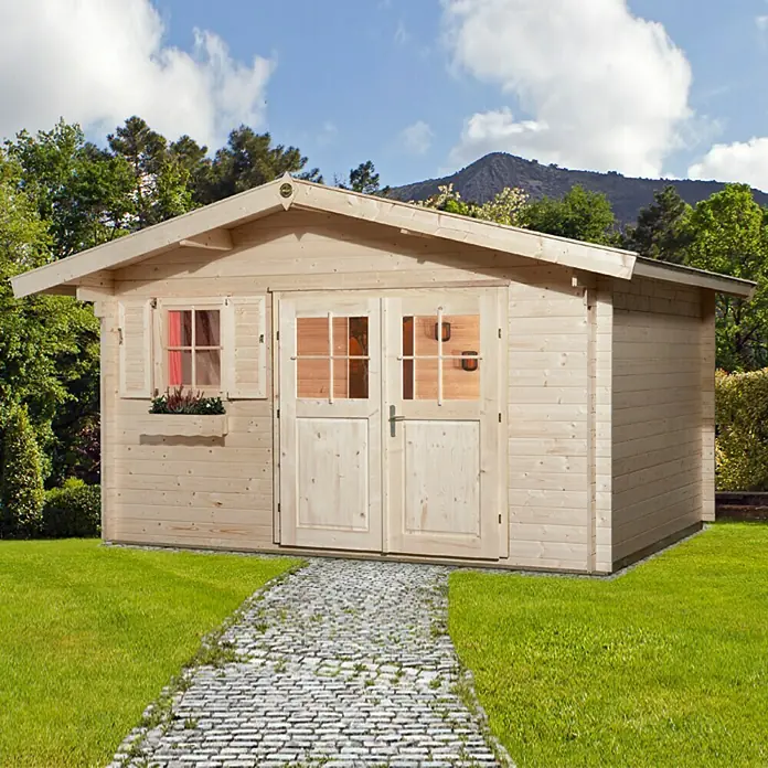 Weka Blockbohlenhaus Rom - 28 mm, 11,4 m², Satteldach - Vorderansicht