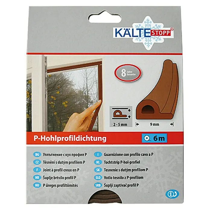 KÄLTESTOPP Brtvena traka P-profil - Smeđe boje, 6 m x 9 mm x 5,5 mm, Širine otvora 2 – 5 mm - Pogled sprijeda