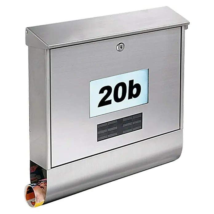 Briefkasten Solar - L x B x H: 120 x 385 x 410 mm, Edelstahl, Solarhausnummer, Mit Zeitungsfach
