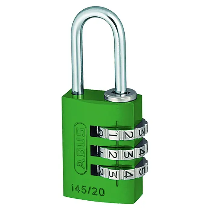 Abus Vorhängezahlenschloss 145/20 - Breite: 20 mm, Bügelstärke: 3 mm, Schlossdicke: 13,5 mm, Grün, Blau, Gelb, Orange, Rot, Lila - Vorderansicht