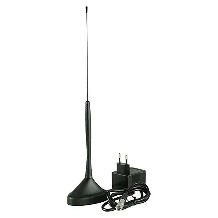 Schwaiger Aktive DVB-T Stabantenne ANT02DTA 031 - Schwarz, F-Stecker mit Adapter auf Koax Stecker - Vorderansicht