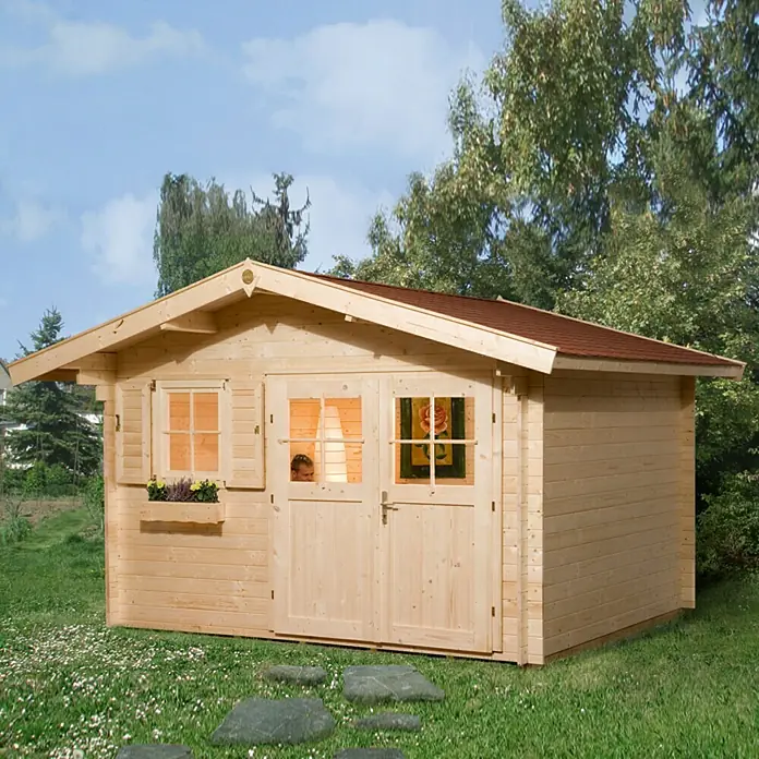 Weka Blockbohlenhaus Rom - 28 mm, 8,5 m², Satteldach - Vorderansicht