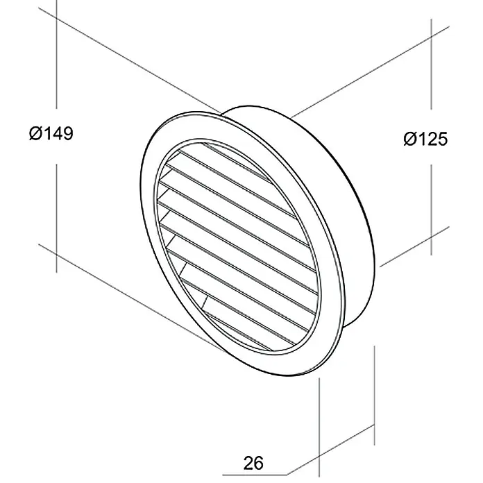 Air-Circle Okrugla ventilacijska rešetka - Bijele boje, Promjer spojnog dijela: 125 mm, S mrežom za muhe - Pogled s lijeve strane