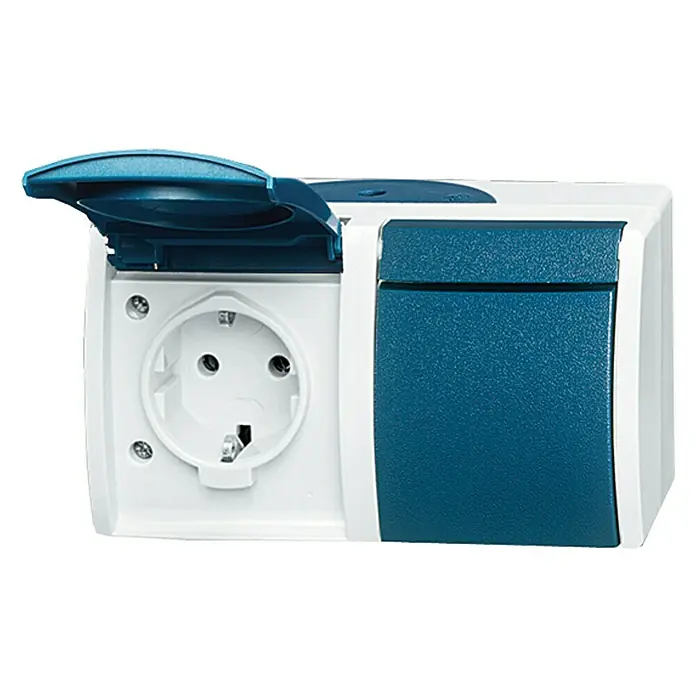 Busch-Jaeger Ocean Stopcontact - 2 voudig, Horizontaal, Blauwgroen, Grijs, Opbouw, IP44 - Vooraanzicht