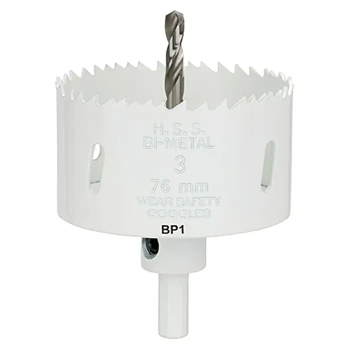 Craftomat Kruna za bušenje rupa u drvu - 76 mm, HSS bimetal, Promjer brtve: 10 mm HEX - Pogled sprijeda