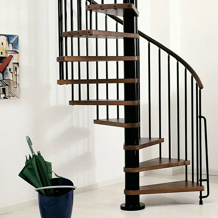 Fontanot Arké Spindeltreppe Klan - Durchmesser: 120 cm, Schwarz, Farbe Stufen: Buche Dunkel, Geschosshöhe: 253 cm - 306 cm - Vorderansicht
