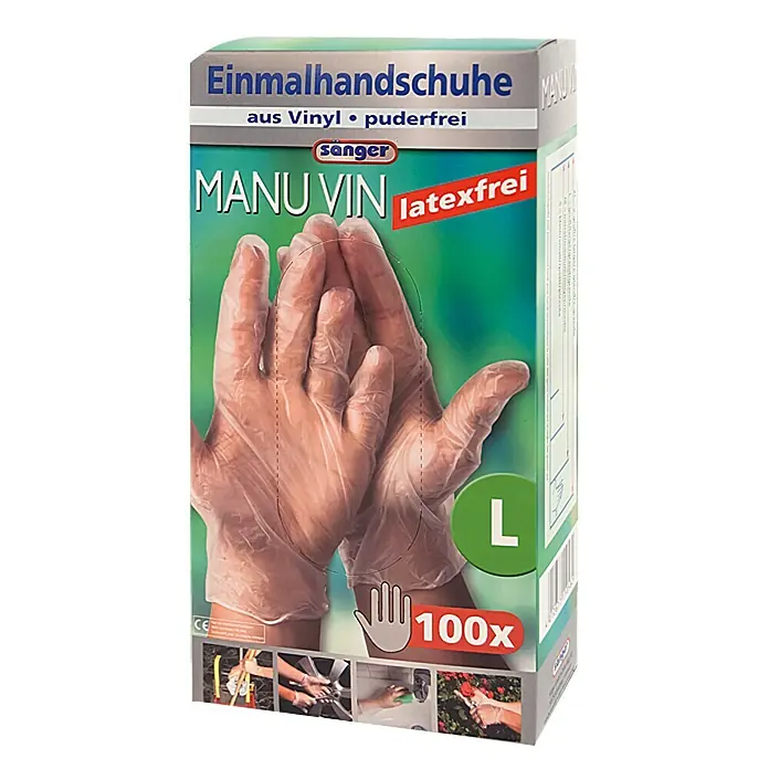 Sänger Einmalhandschuhe Manu Vin - Größe: L, 100 Stk., Vinyl, Latexfrei - Vorderansicht