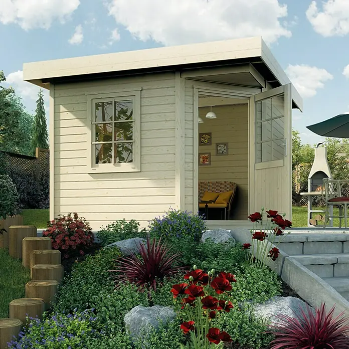 Weka Blockbohlenhaus Fides I - Natur, 5,66 m², 28 mm, Flachdach - Vorderansicht