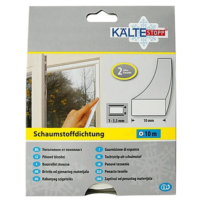 KÄLTESTOPP Samoljepljiva brtva za prozore - Bijele boje, 10 m x 10 mm x 4 mm, Širine otvora 1 – 3,5 mm - Pogled sprijeda