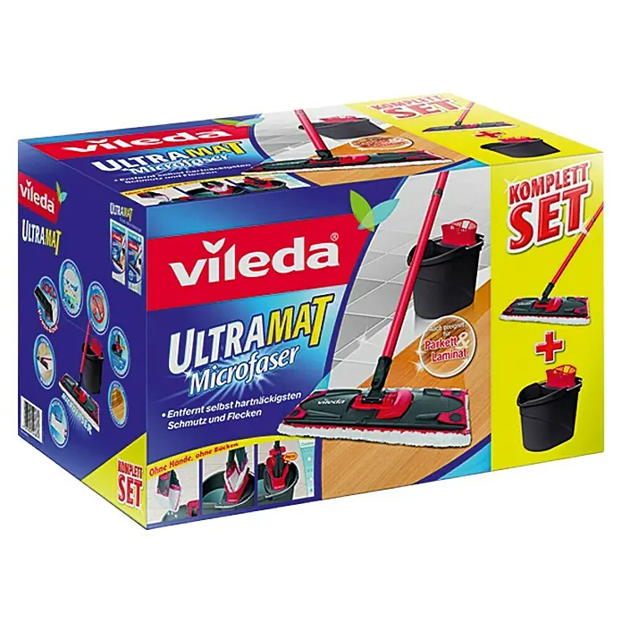 Vileda Reinigungssystem & Eimer Ultramax - 1 x Ultramax Eimer mit Auswringer, 1 x Ultramax Wischer, 1 x Mikrofaserbezug - Linke Seitenansicht