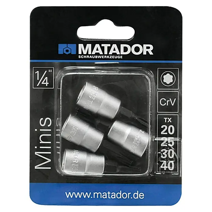 Matador Set umetaka za nasadne ključeve - Unutarnji TORX, 1 x nasadni ključ TX20, 1 x nasadni ključ TX25, 1 x nasadni ključ TX30, 1 x nasadni ključ TX40 - Pogled odozgo