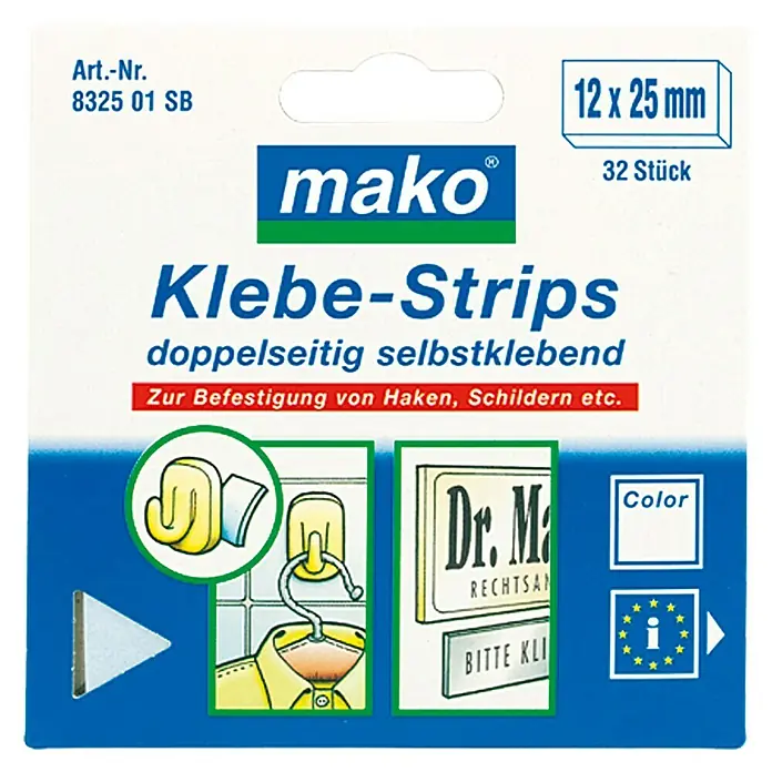 Klebe-Strips - 32 Stk., Weiß, 25 x 12 mm - Vorderansicht