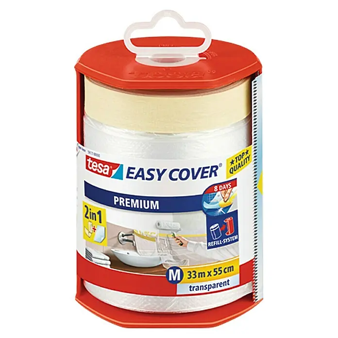 Tesa Easy Cover Premium Abdeckfolie - 0,55 x 33 m, Größe: M, Einseitiger Kreppkleberand - Vorderansicht