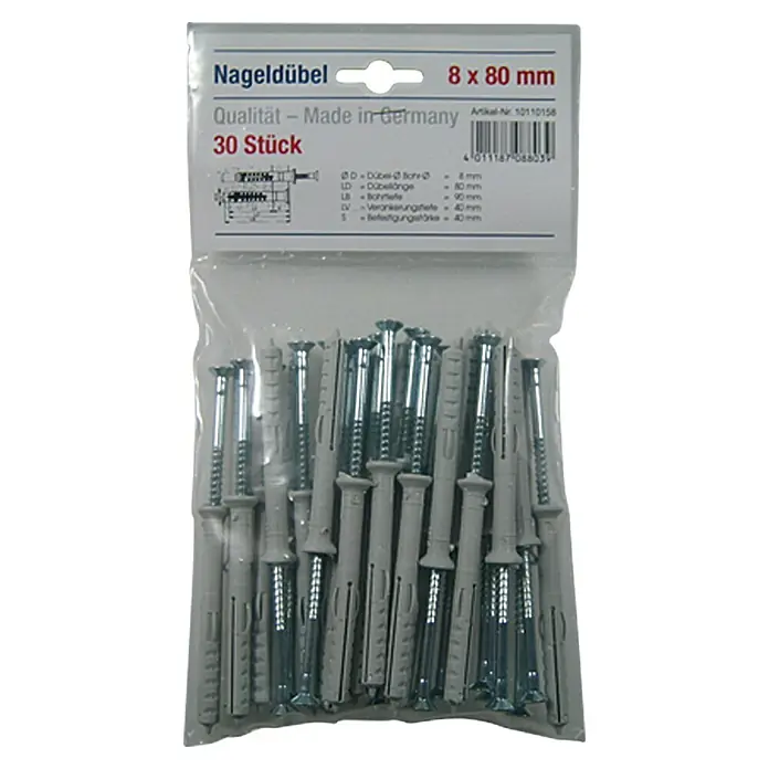 Schlagdübel - Durchmesser Dübel: 8 mm, Länge Dübel: 80 mm, 30 Stk., Nylon - Vorderansicht