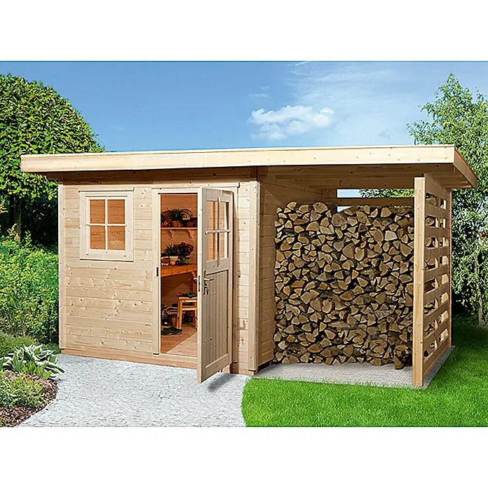 Weka Blockbohlenhaus Milano Plus - 28 mm, 8,09 m², Holzlager - Vorderansicht