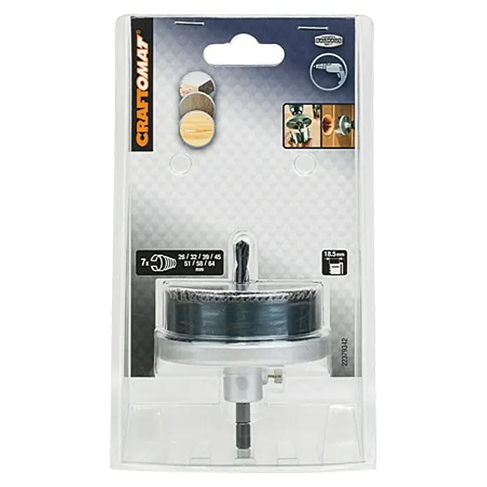 Craftomat Set kruna za izradu rupa - 26 mm - 64 mm, Čelik, Dubina reza: maks. 18,5 mm - Pogled sprijeda
