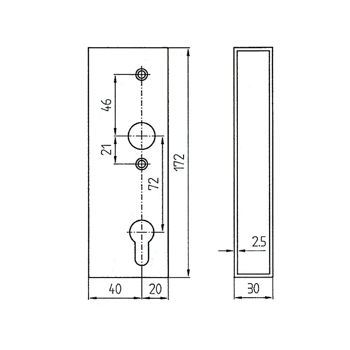 Einsteckschloss - Links/Rechts, Dornmaß: 40 mm - Ansicht von oben