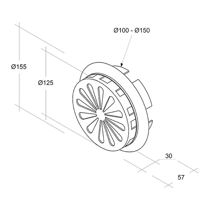 Air-Circle Ventilacijska rešetka - Stezno područje: Ø 150 - 100 mm, Bijele boje - Pogled s lijeve strane