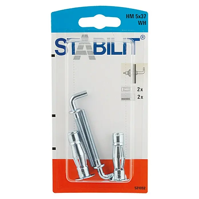 Stabilit Metalen hollewandpluggenset - Diameter plug: 5 mm, Pluglengte: 37 mm, Geschikt voor: Plaatmateriaal en holle ruimtes, 2 stk., Met schroeven/haken - Vooraanzicht