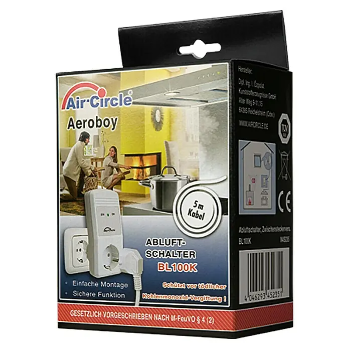 Air-Circle Aeroboy Abluftschalter BL100K - Schuko-Zwischenstecker, 5 m Kabelleitung mit Magnetschalter