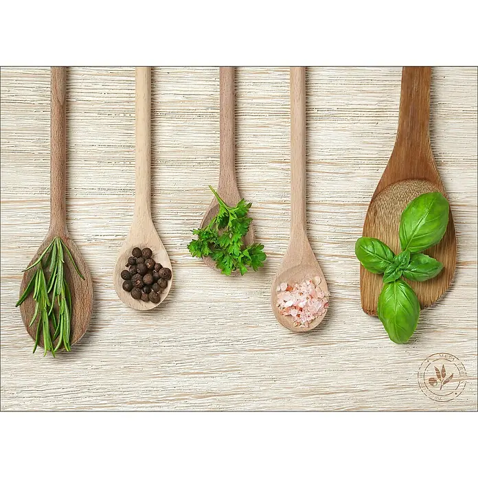 Protector de pared de cocina Cucharas de madera - 90 x 65 cm, Espesor: 6 mm, Panel de vidrio de seguridad